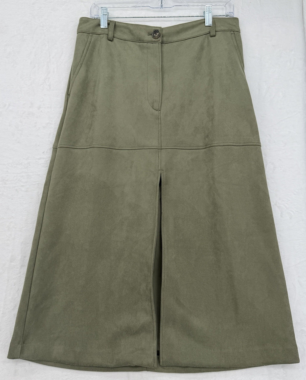 Loft Faux Suede Midi Skirt 10 Petite Olive Green Womens 10P A Line