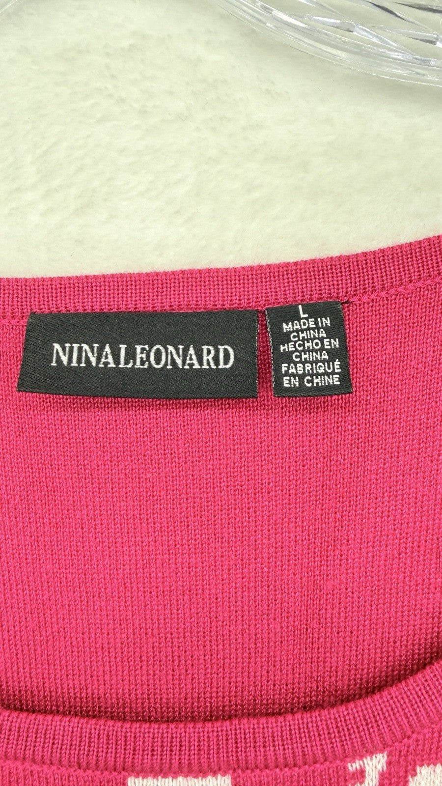 Nina Leonard Sweater Dress Large Pink Floral Elbow Sleeve Knee Length Womens
