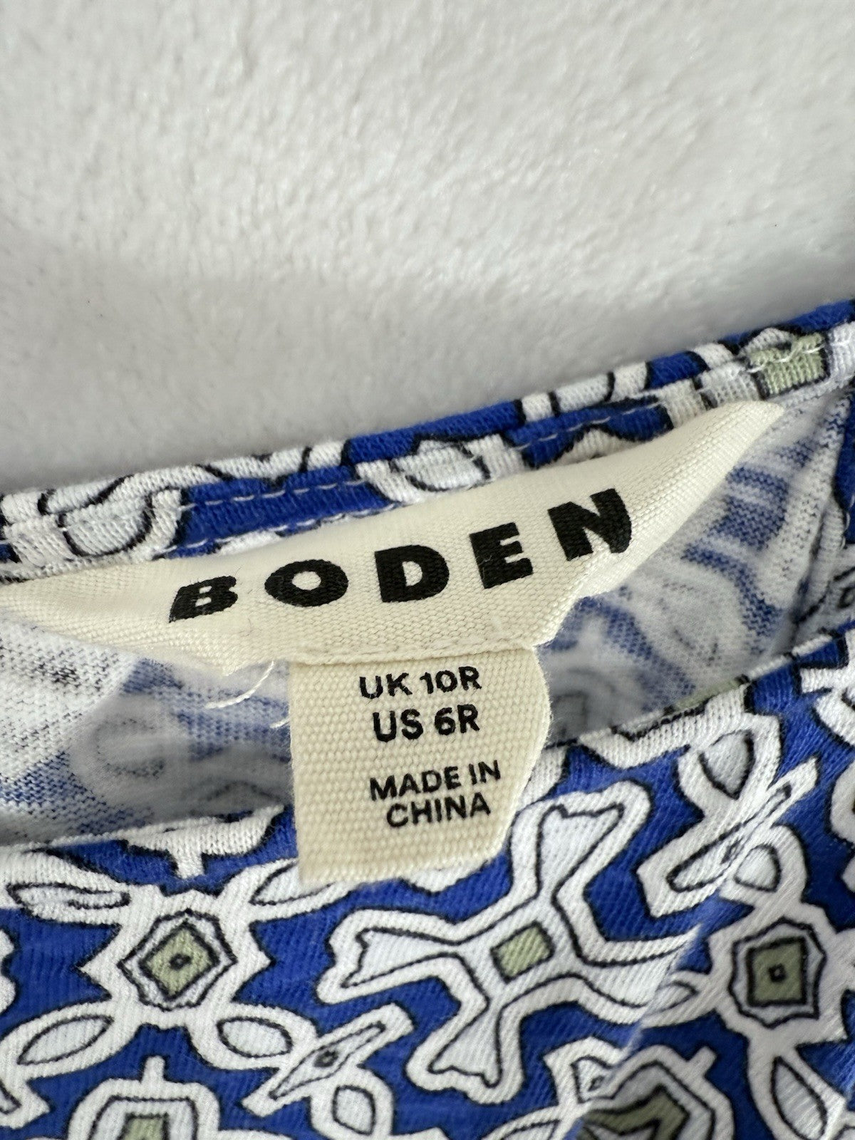Boden Dress 6 Maxi Sleeveless Blue White Geometric Print 100% Cotton Womens
