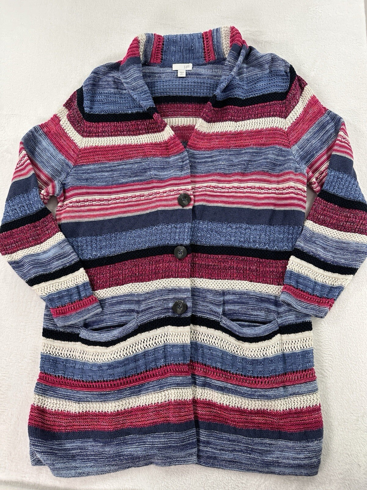J Jill Large Petite Open Knit Cardigan Sweater Long Blue Linen Cotton Buttons