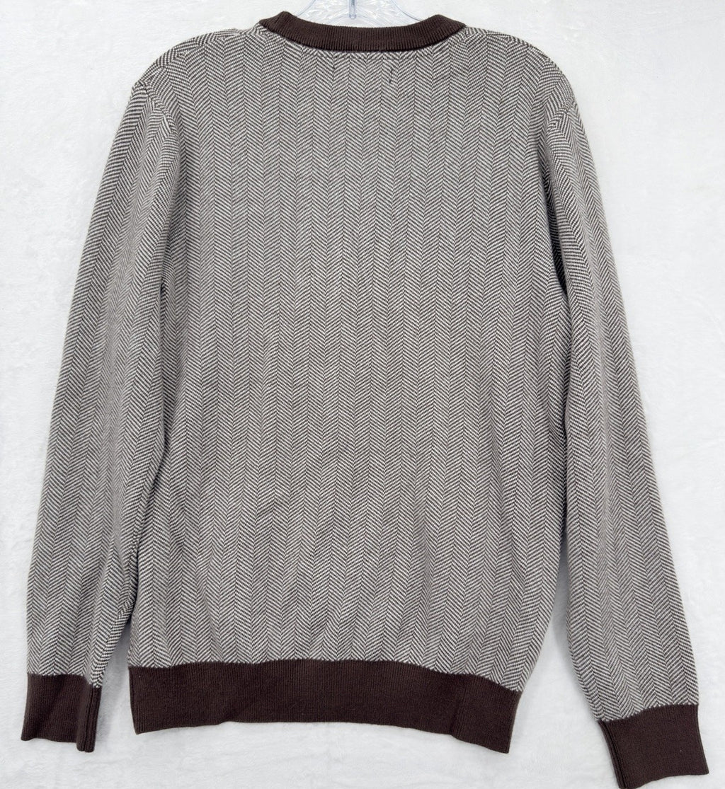 Lachlan Sweater Medium Mens Crew Neck Brown Herringbone Knit Pullover Preppy