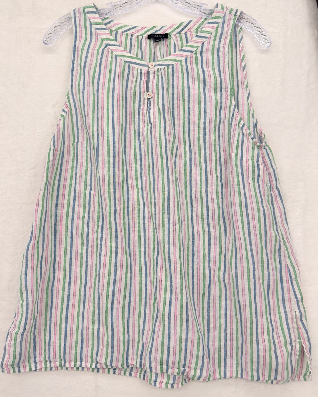 Talbots 100% Linen Top Large Sleeveless Striped Blue Pink Green Womens Blouse