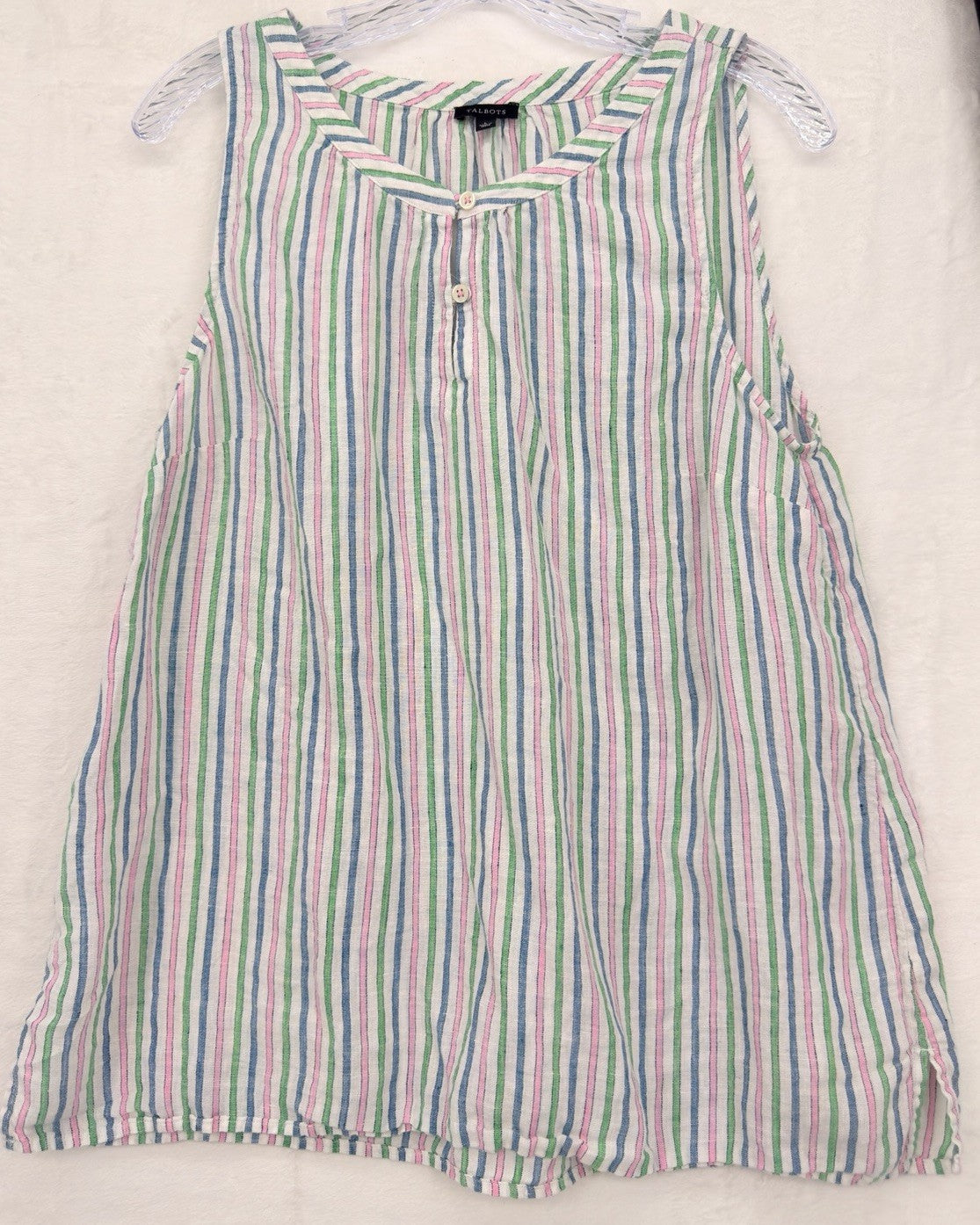 Talbots 100% Linen Top Large Sleeveless Striped Blue Pink Green Womens Blouse