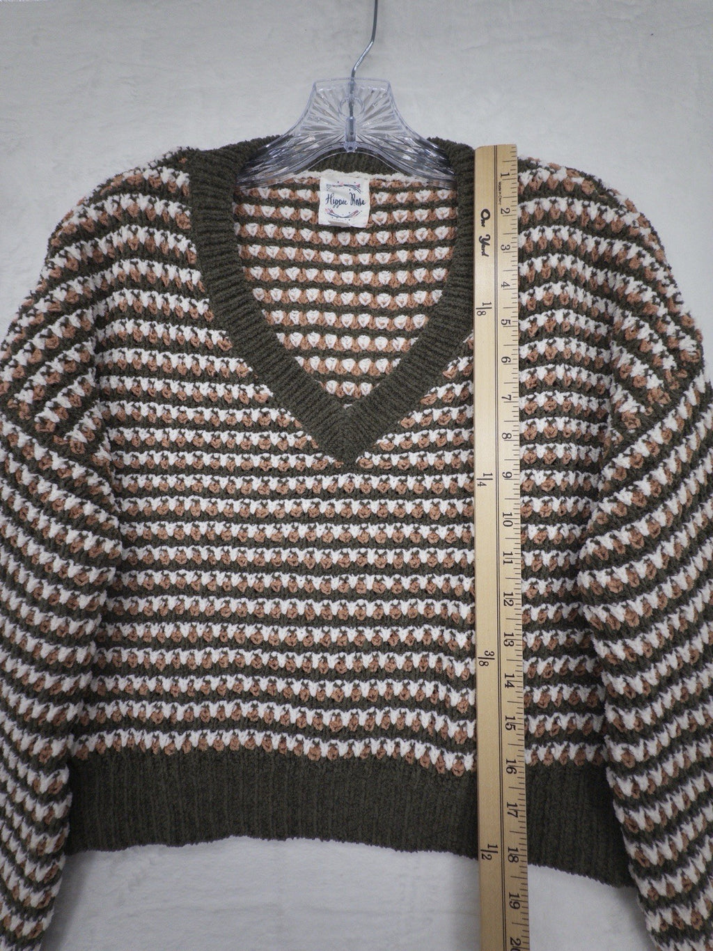 Hippie Rose Sweater Large Crop Long Sleeve V Neck Brown Crochet Pullover Womens