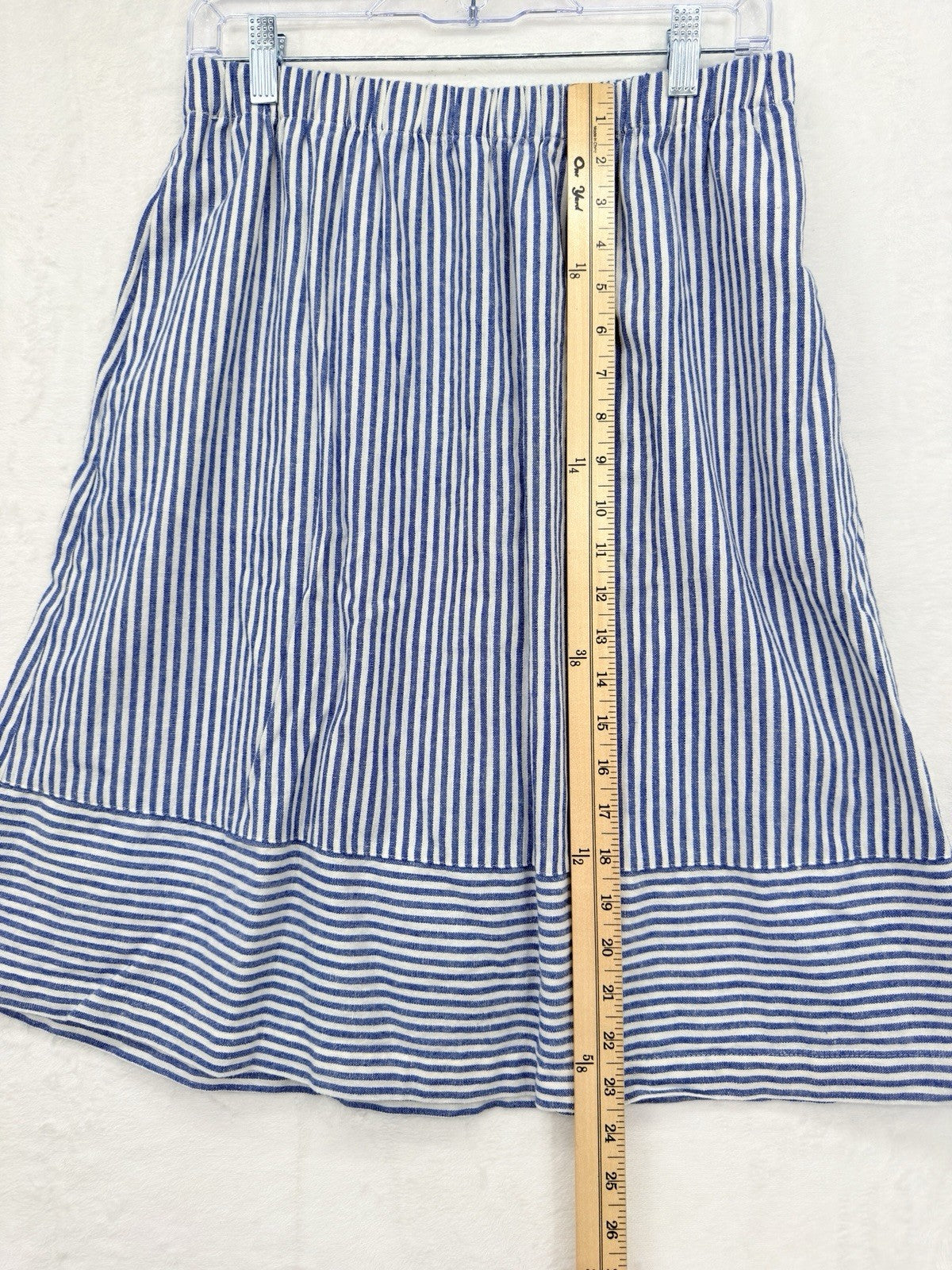 J Crew Medium Womens Midi Skirt Linen Blend Pull On Blue Striped A Line Pockets