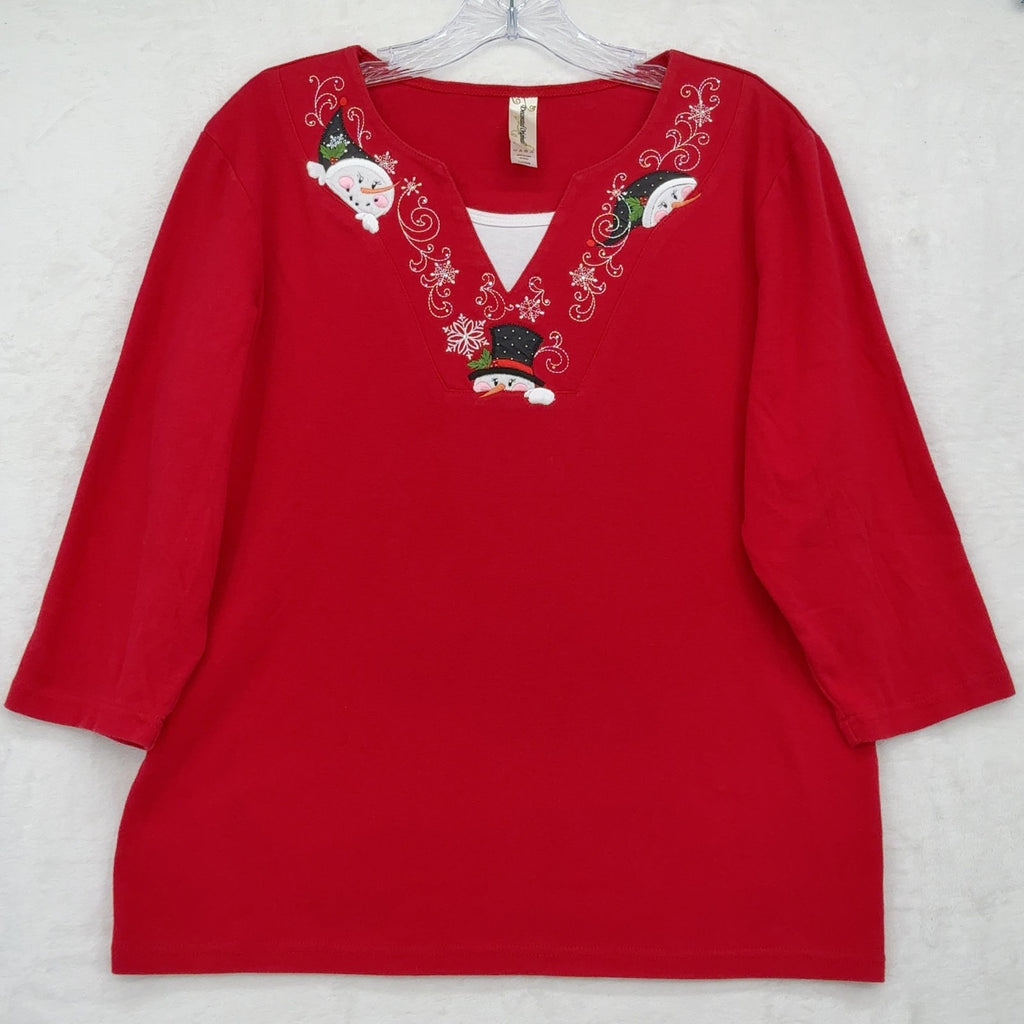 Decorated Originals Christmas Top Large Womens Red Snowman Embellished Teacher