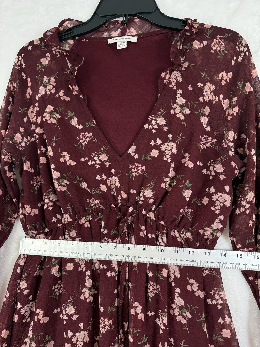 American Eagle Dress Medium Burgundy Floral Short Boho Long Sleeve Women