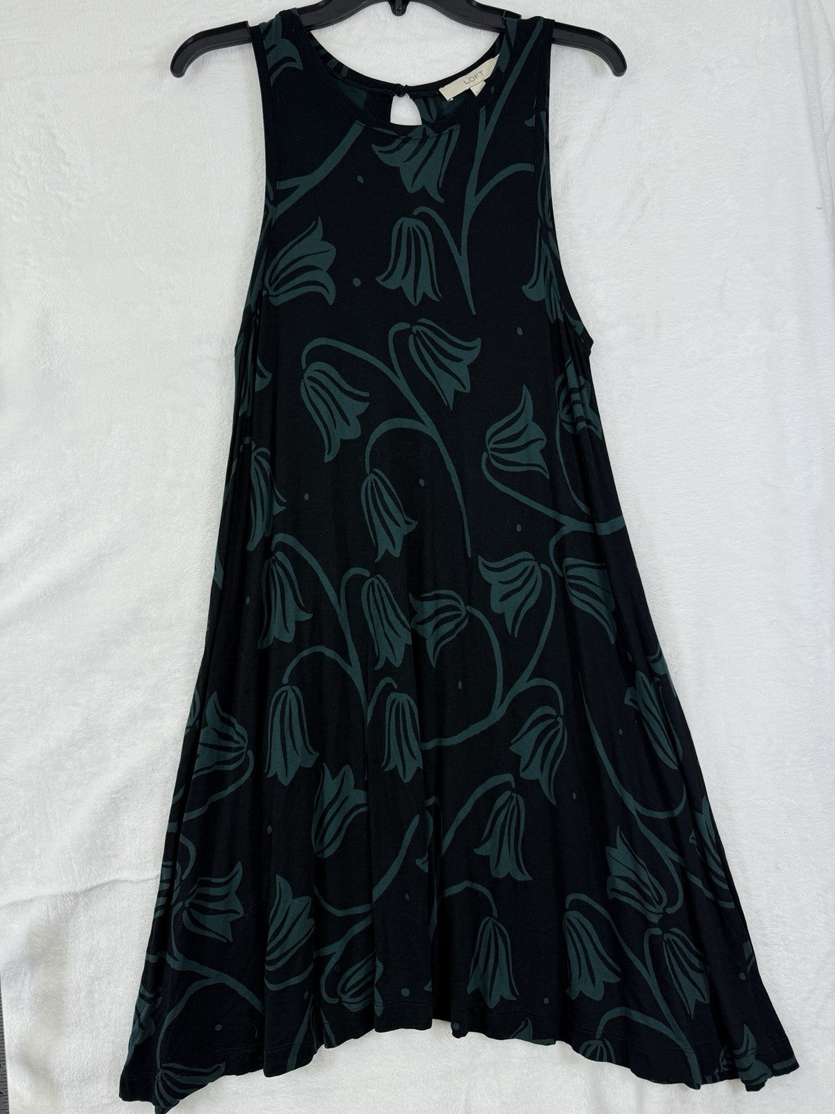 Ann Taylor Loft Dress Medium Jersey Knit Sleeveless Swing Black Floral Womens