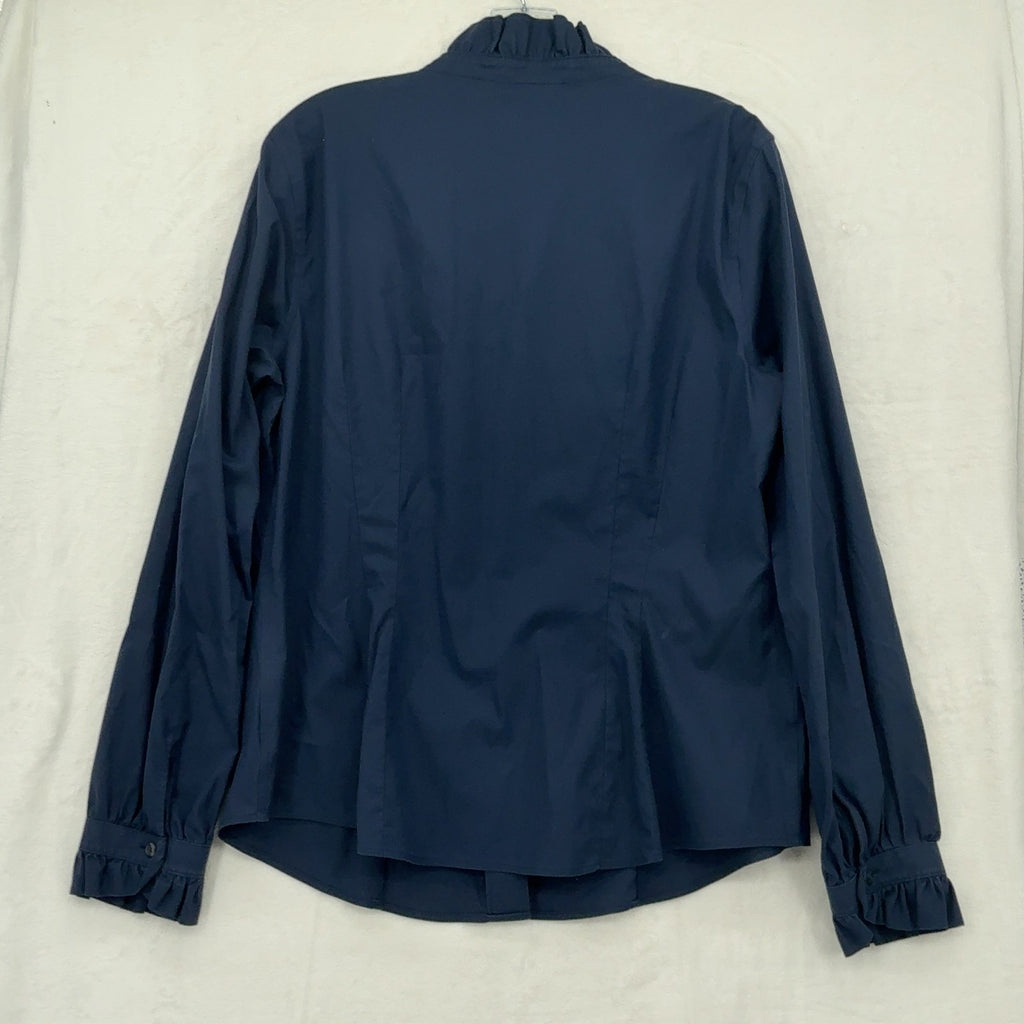 Brooks Brothers Supima Cotton Blouse 16 Womens Navy Blue Long Sleeve Ruffle Neck
