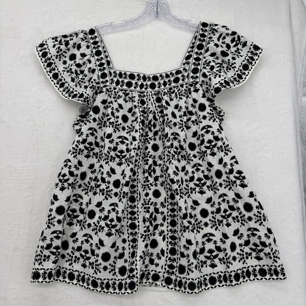 Max Studio London Top Large Square Neck Flutter Sleeve Black White Embroidered