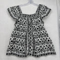 Max Studio London Top Large Square Neck Flutter Sleeve Black White Embroidered