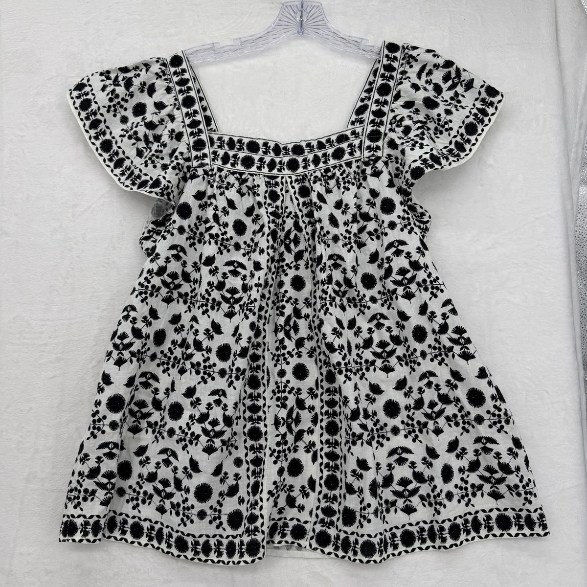 Max Studio London Top Large Square Neck Flutter Sleeve Black White Embroidered