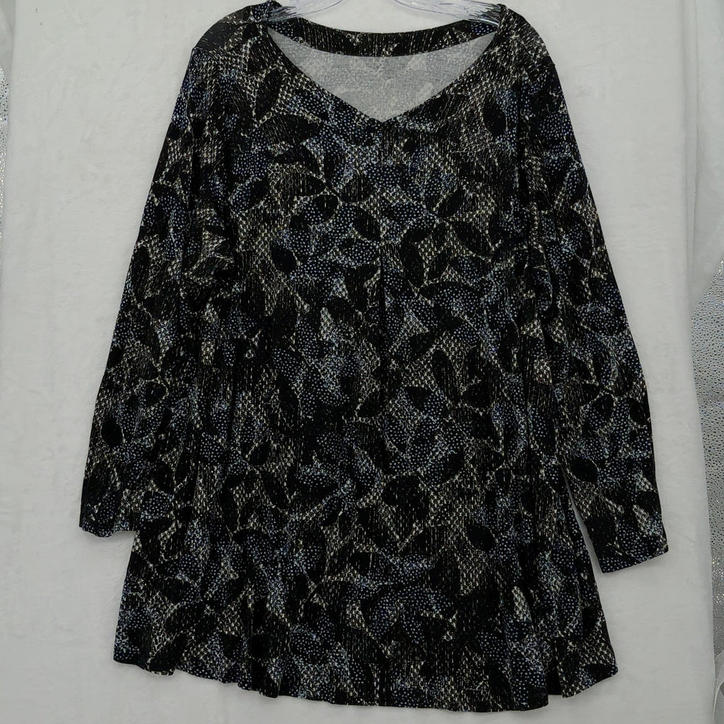 J Jill Wearever Top 2X Tunic Knit Womens Black Blue Floral 3/4 Sleeve V Back