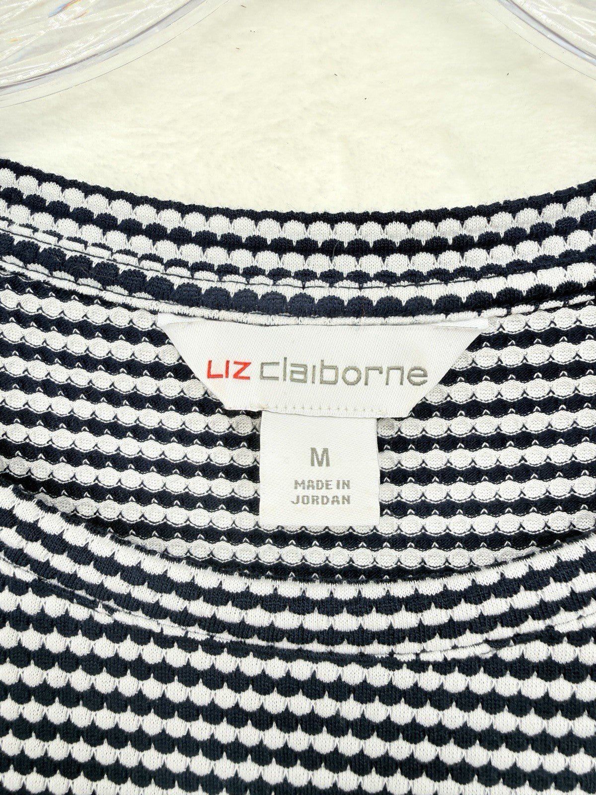 Liz Claiborne Top Medium Short Puff Sleeve Blue White Striped Knit Womens