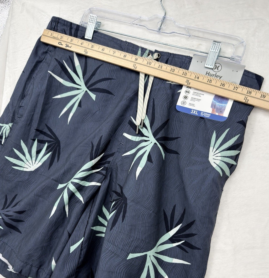 Hurley Board Shorts 3XL Mens Blue Leaf Print Unlined Pockets Swim Trunks 9” NWT