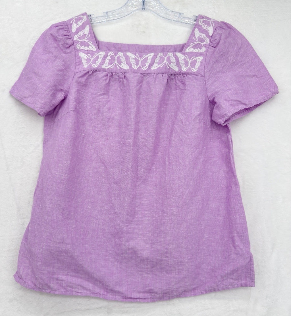 Talbots Top Small Linen Cotton Butterfly Embroidered Square Neck Purple Womens