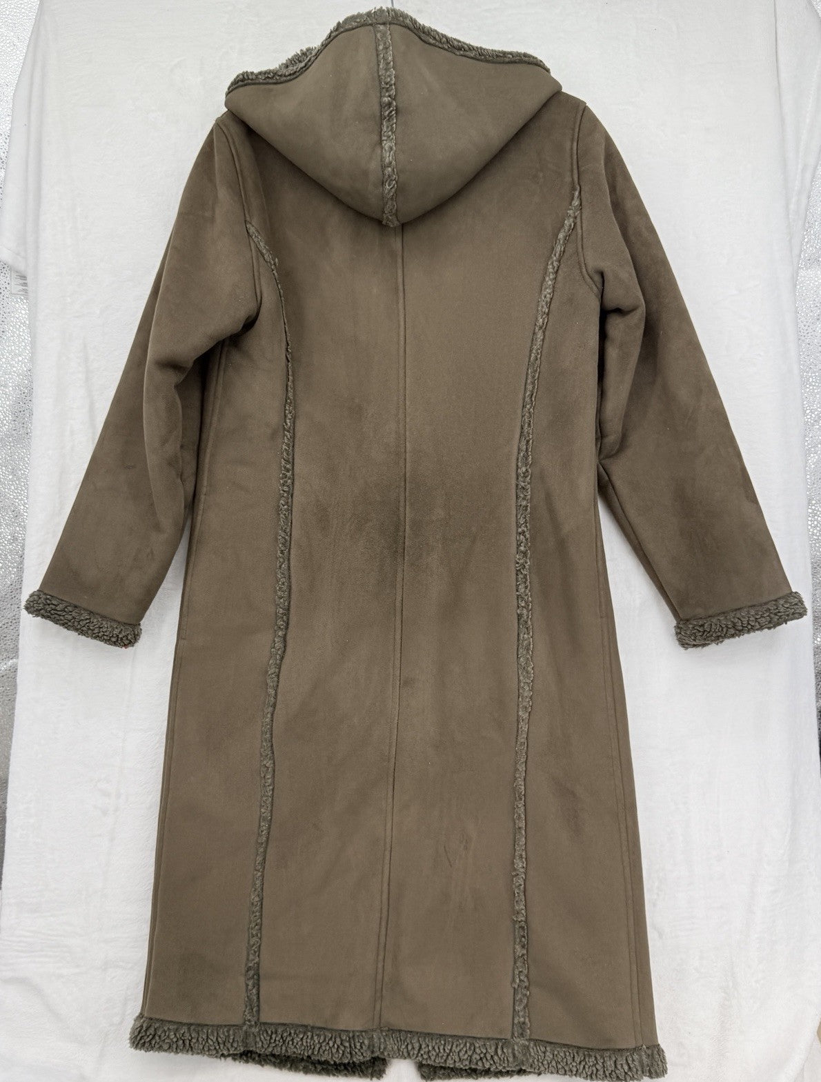 LL Bean Faux Shearling Long Duffle Jacket Coat Hooded Toggle Brown Womens XSP