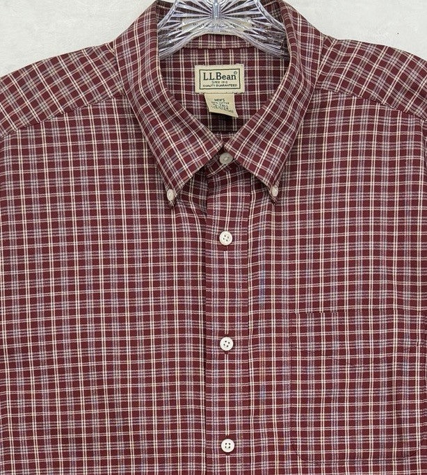 LL Bean Shirt Men XL Tall Short Sleeve Button Down Burgundy Plaid 100% Cotton