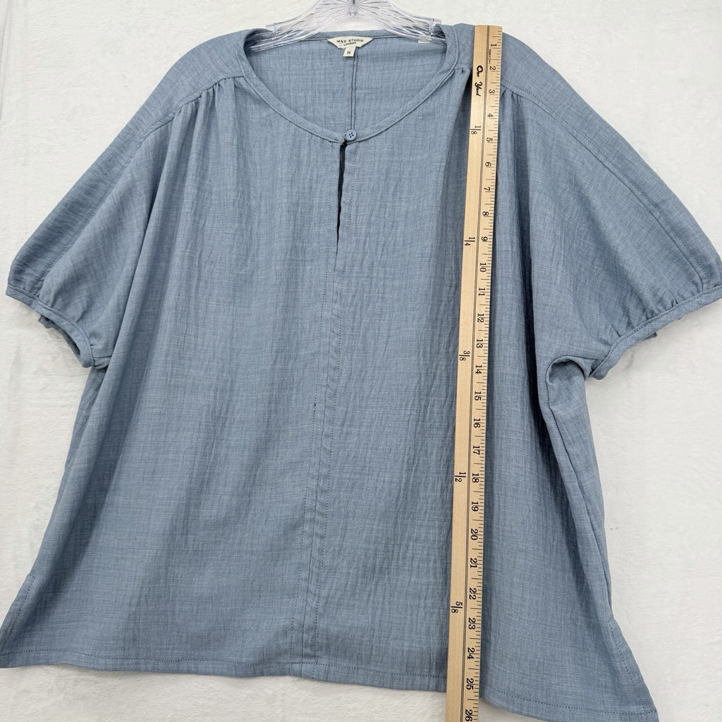 Max Studio London Top Short Sleeve 1x Blue Plus Size Womens Blouse