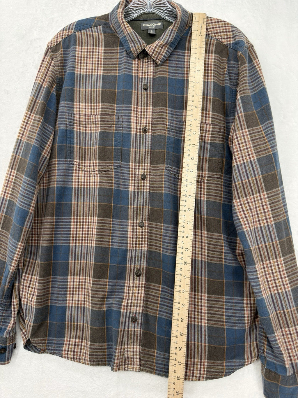 Toad And Co Mens Flannel Shirt Large Brown Blue Plaid Button Up *FlawRead