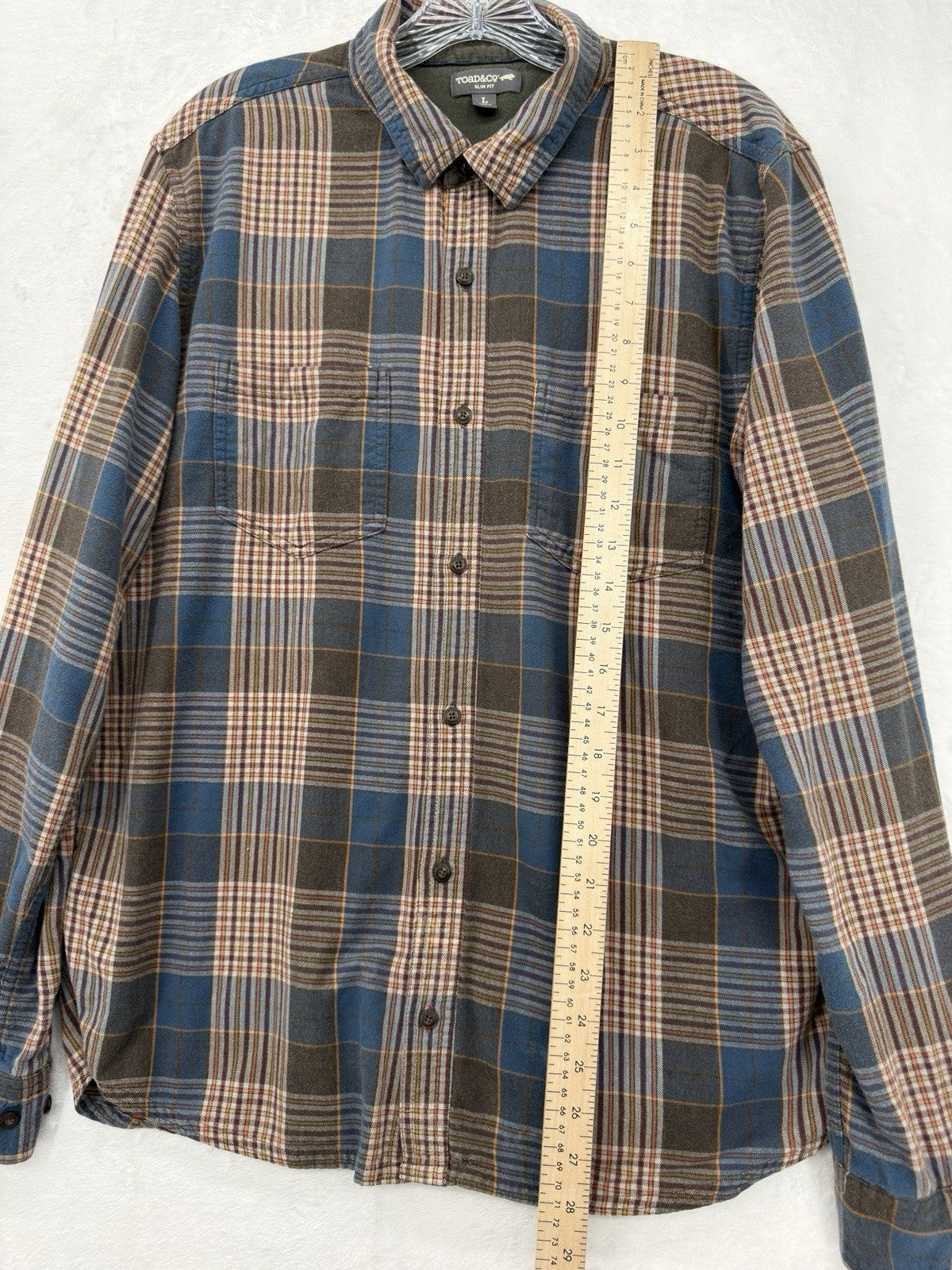 Toad And Co Mens Flannel Shirt Large Brown Blue Plaid Button Up *FlawRead