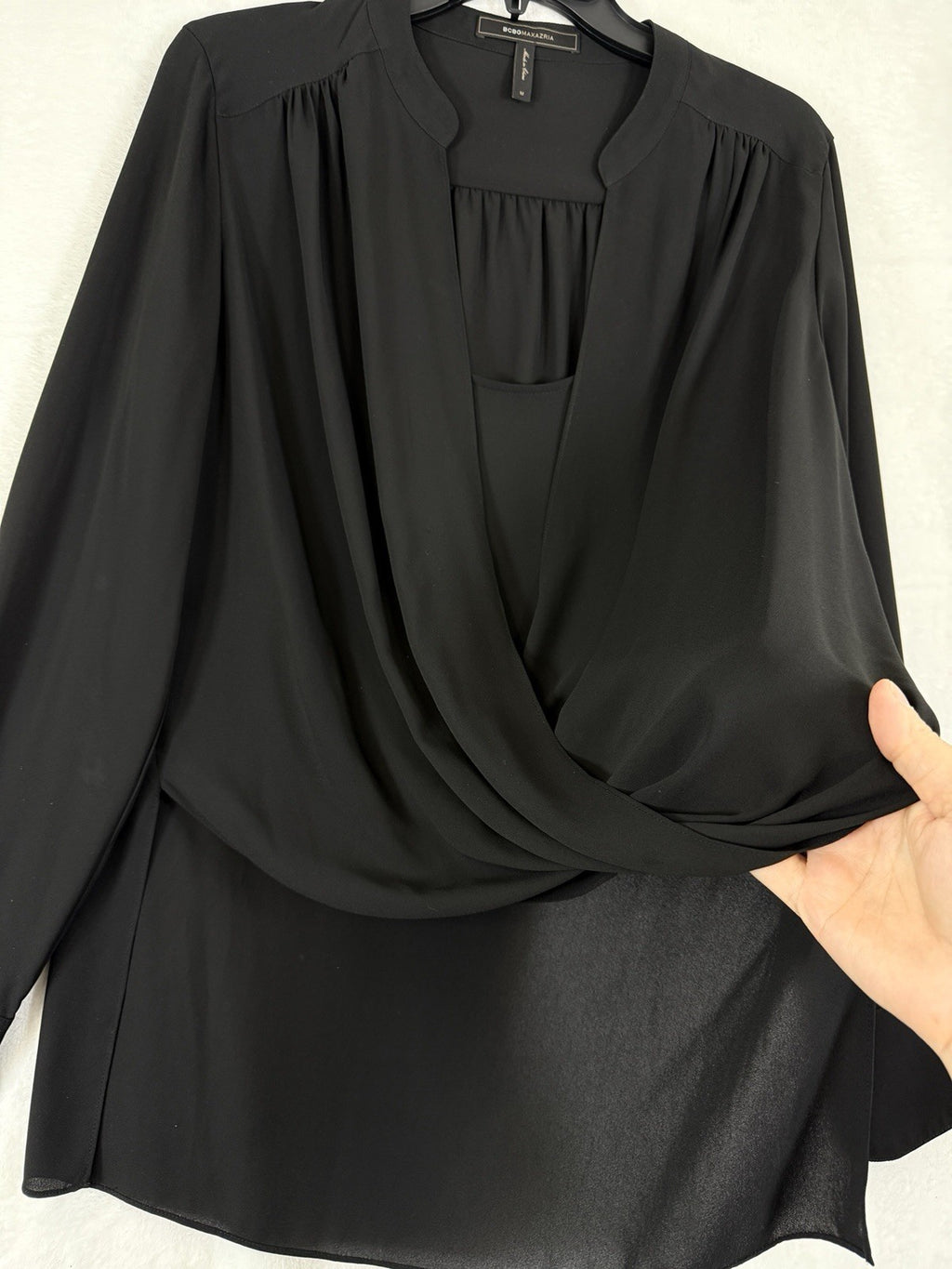 BCBG Maxazria Top Medium Womens Black Long Sleeve Faux Wrap Top Max Azria