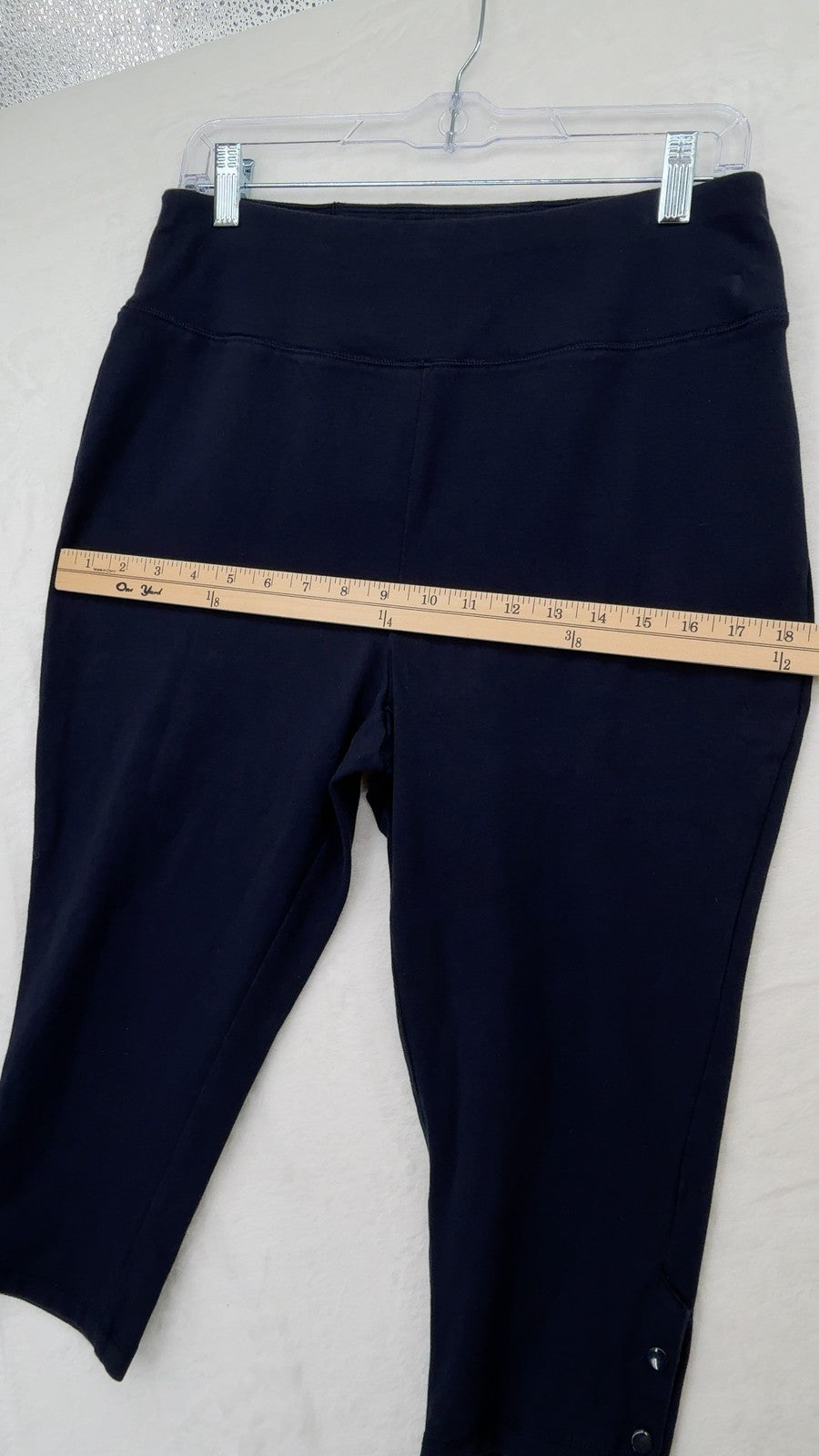 T by Talbots Leggings Capri Pants Large Petite Womens Navy Blue Snap Hem Knit