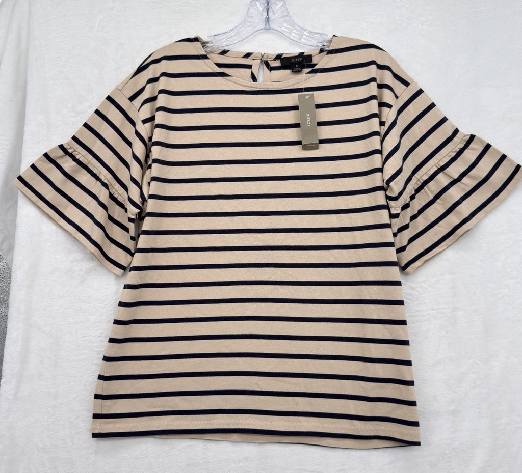 J Crew Top Small Mariner Cloth Ruffle Sleeve T Shirt Cotton Blue Striped New