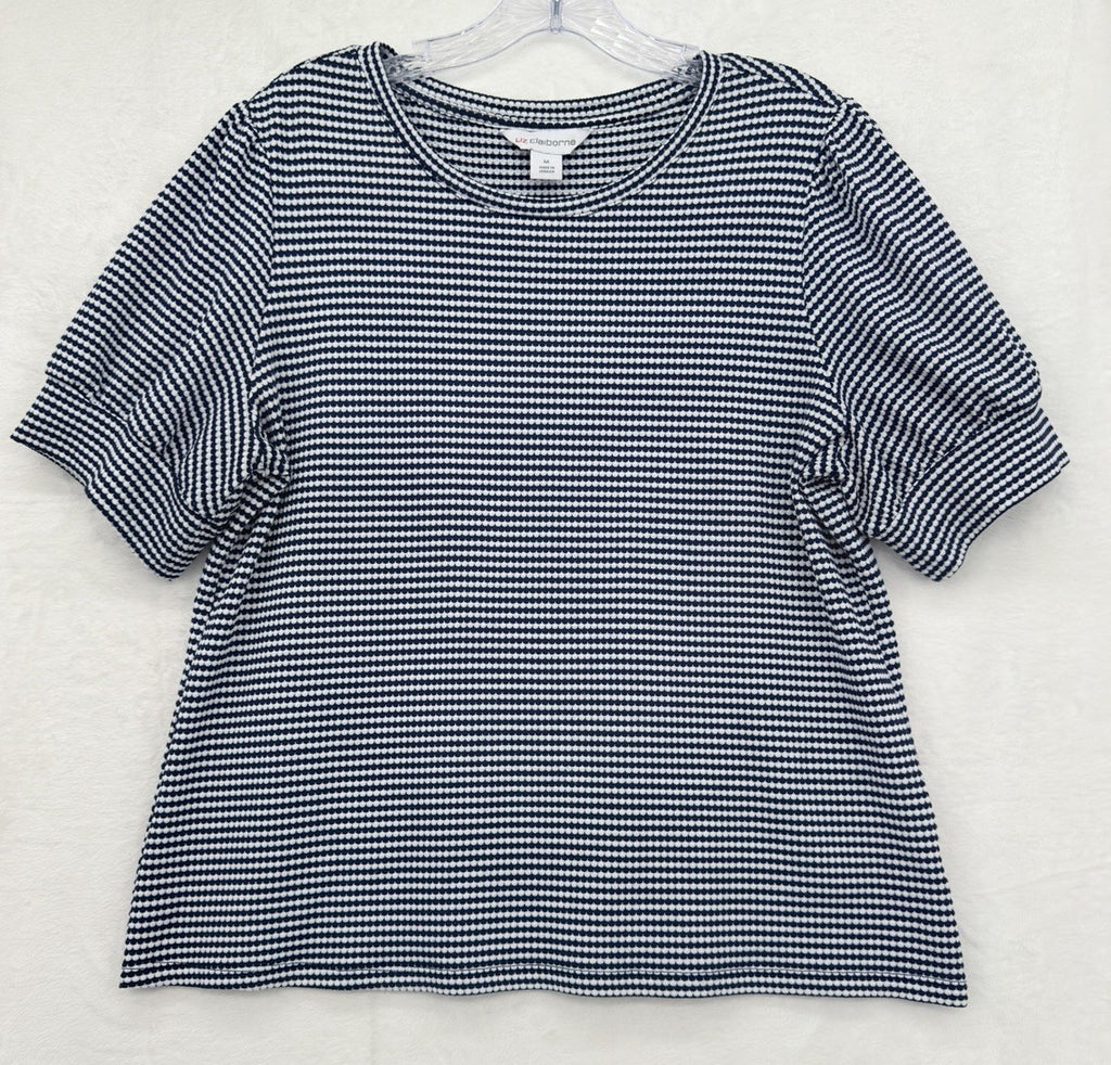 Liz Claiborne Top Medium Short Puff Sleeve Blue White Striped Knit Womens