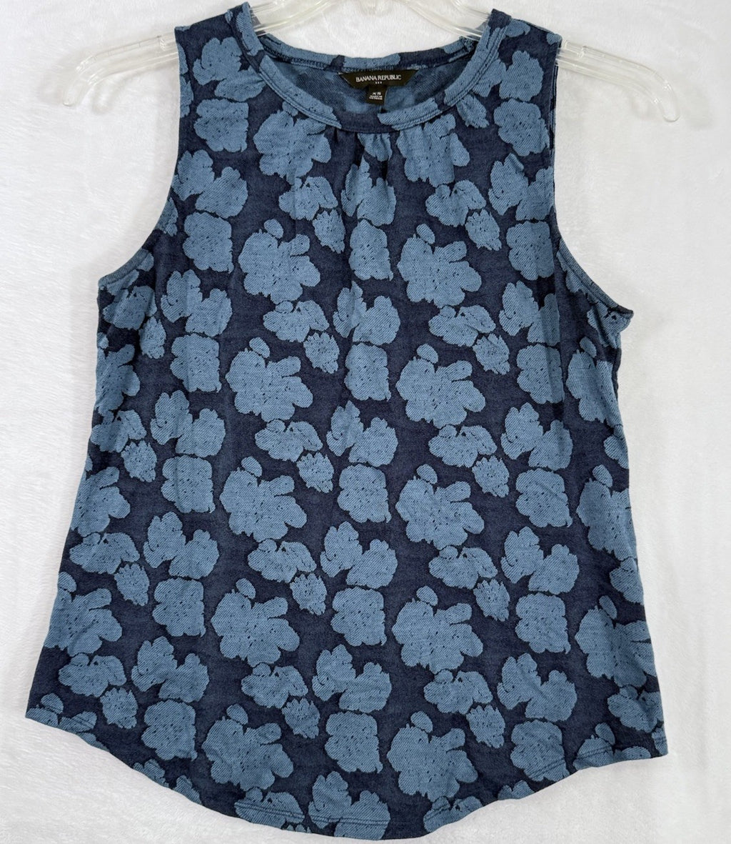 Banana Republic Top XS Blue Floral Print Sleeveless Knit High Neck Womens