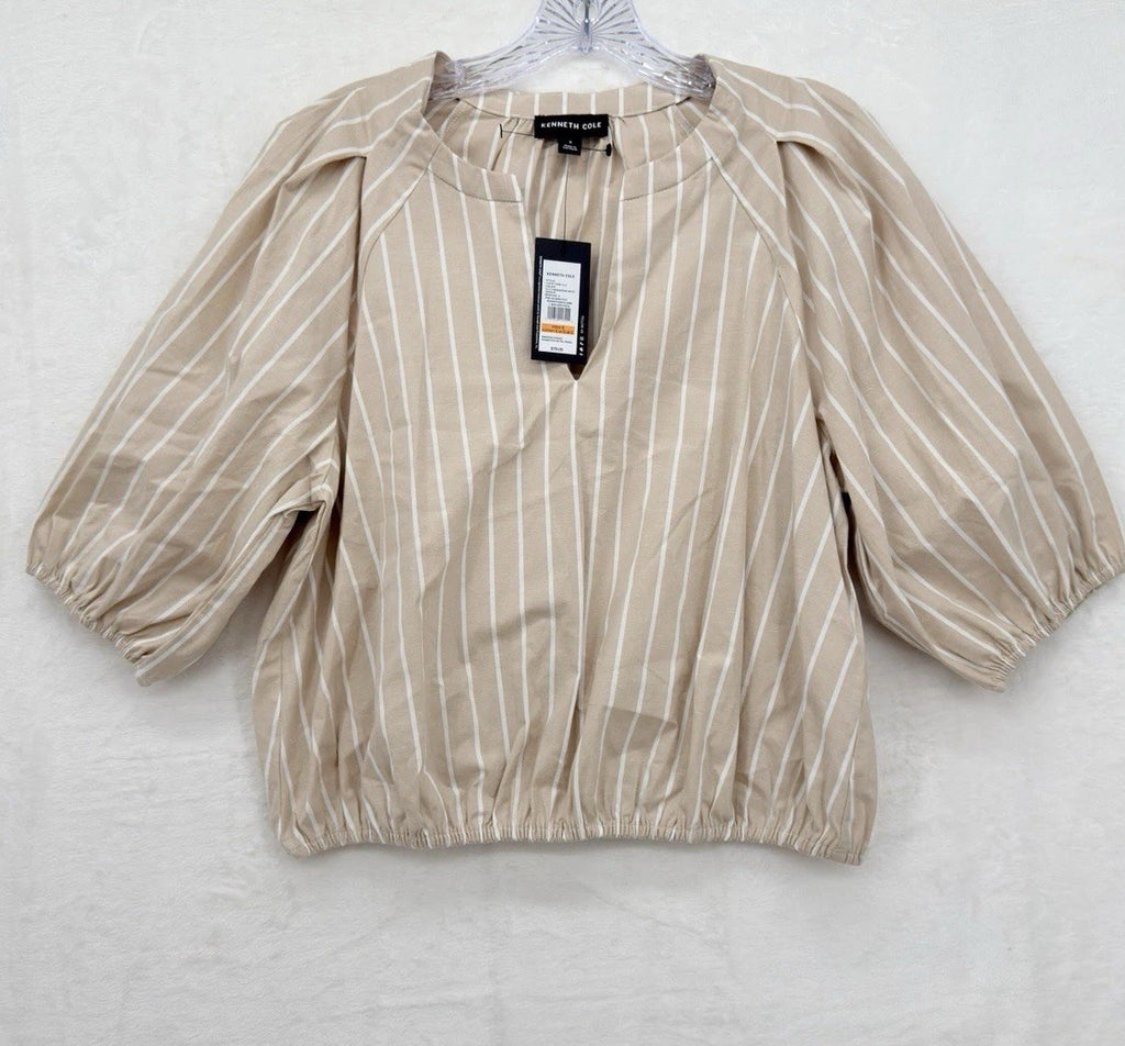 Kenneth Cole Womens Tops Small Beige Striped Puff Sleeve Blouse New NWT