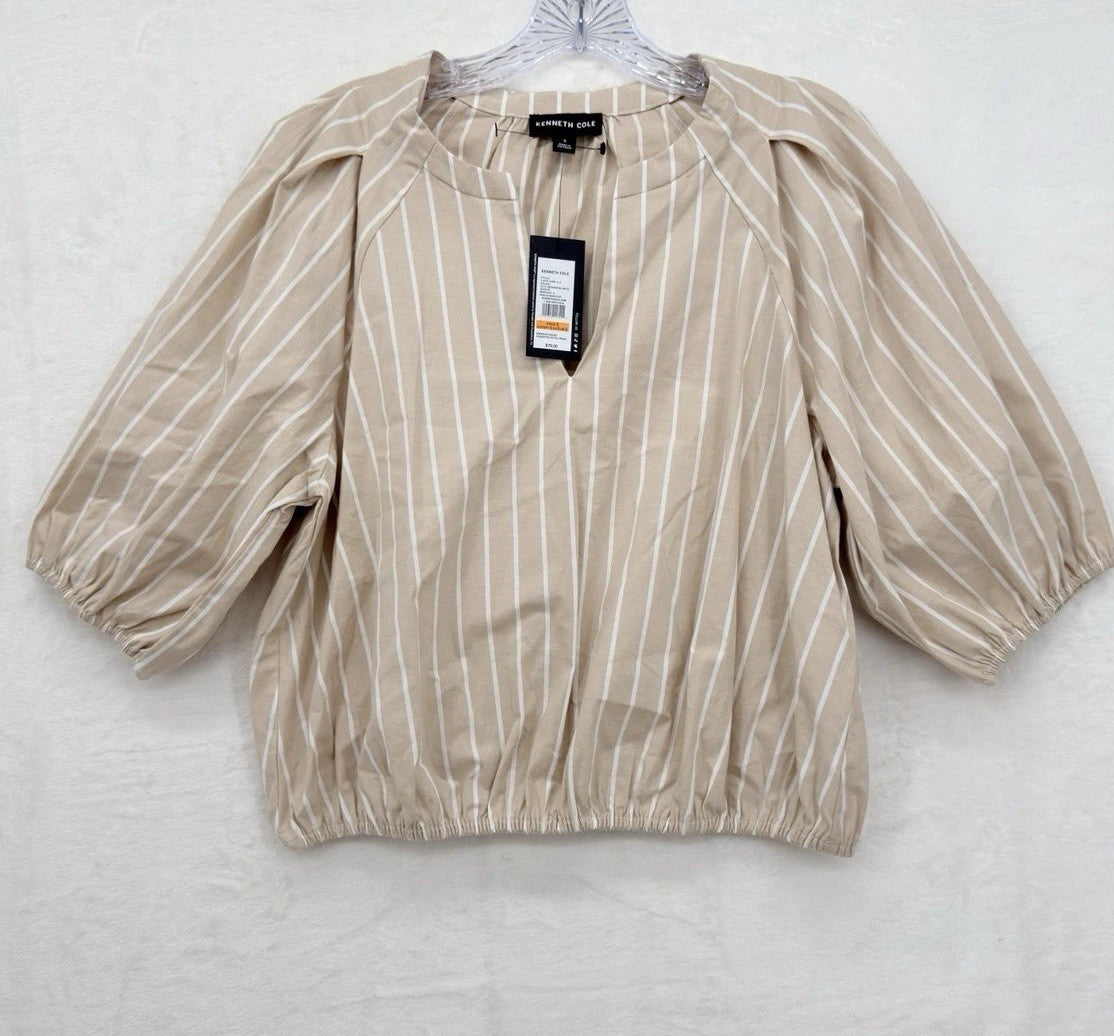 Kenneth Cole Womens Tops Small Beige Striped Puff Sleeve Blouse New NWT