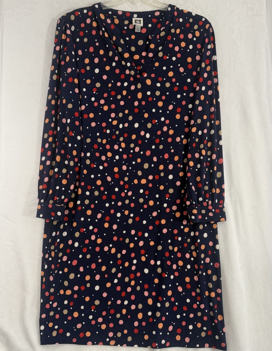 Anne Klein Dress Large Midi Shift Long Sleeve Navy Blue Polka Dot Knit