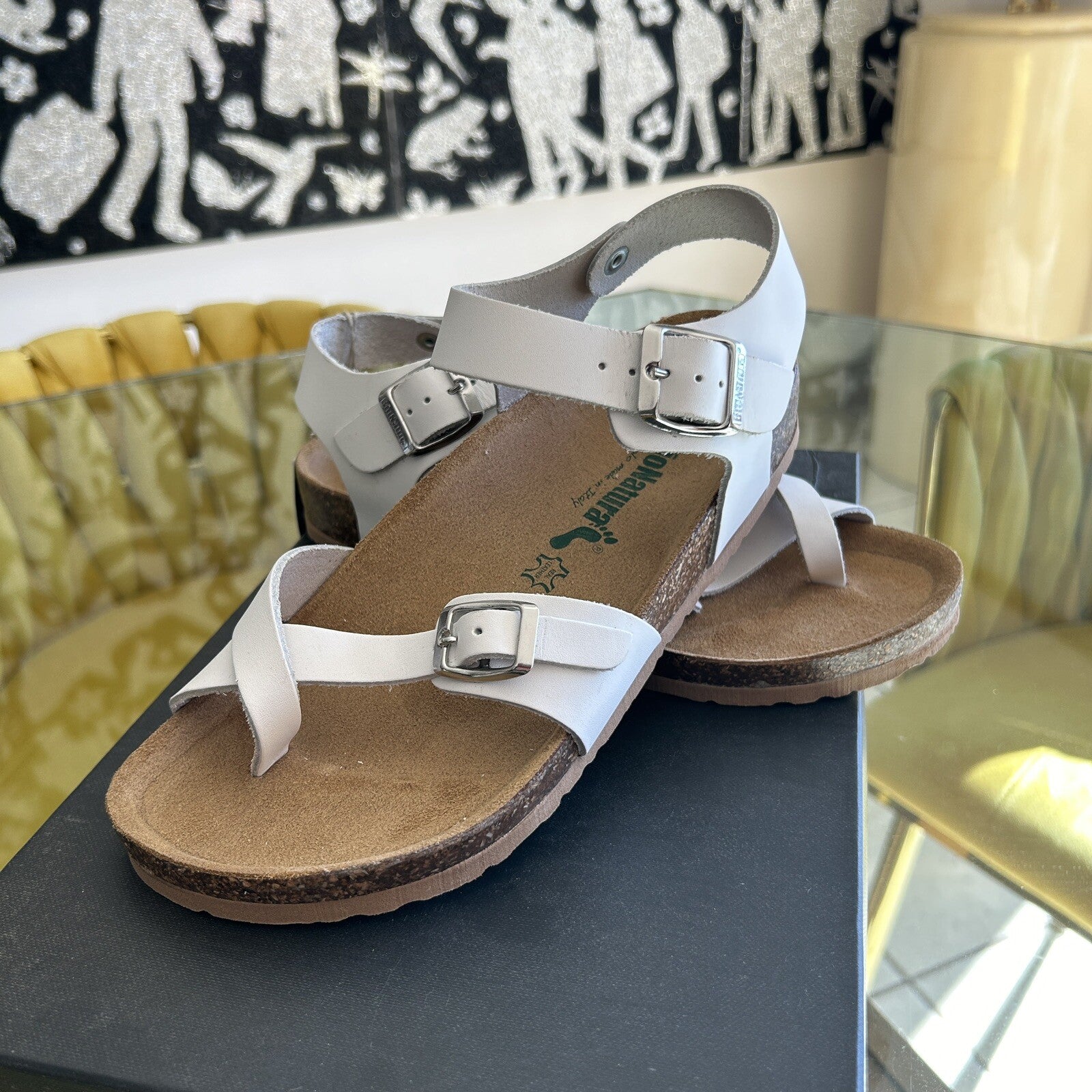 Bianatura Sandals EU 38 US 8 White Leather Womens Cork Bed Made In Italy