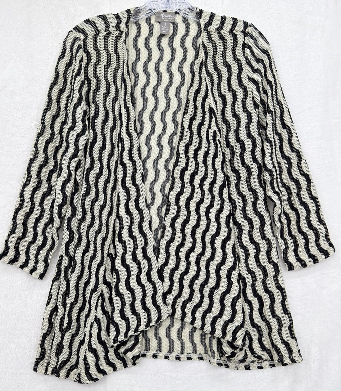 Chicos Travelers Size 1 Cardigan Sweater Medium Open Knit 3/4 Sleeve Womens