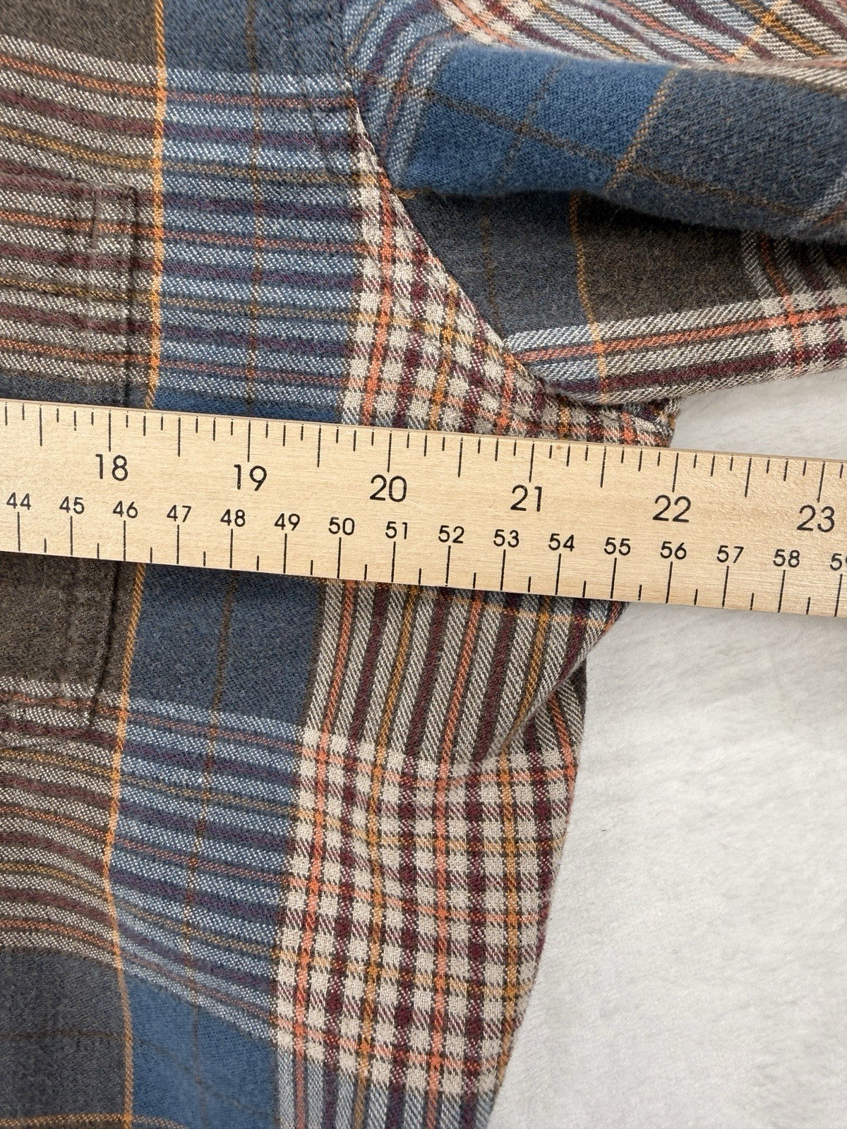 Toad And Co Mens Flannel Shirt Large Brown Blue Plaid Button Up *FlawRead