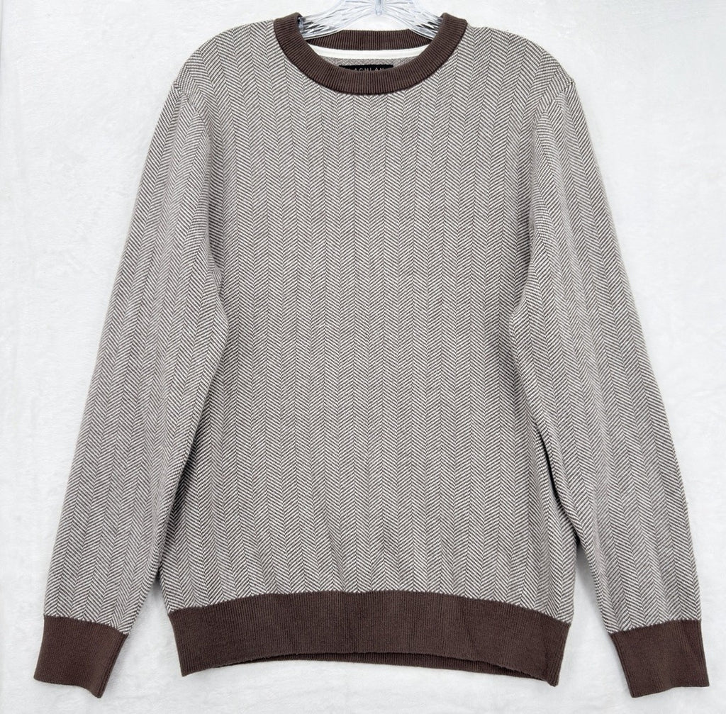 Lachlan Sweater Medium Mens Crew Neck Brown Herringbone Knit Pullover Preppy