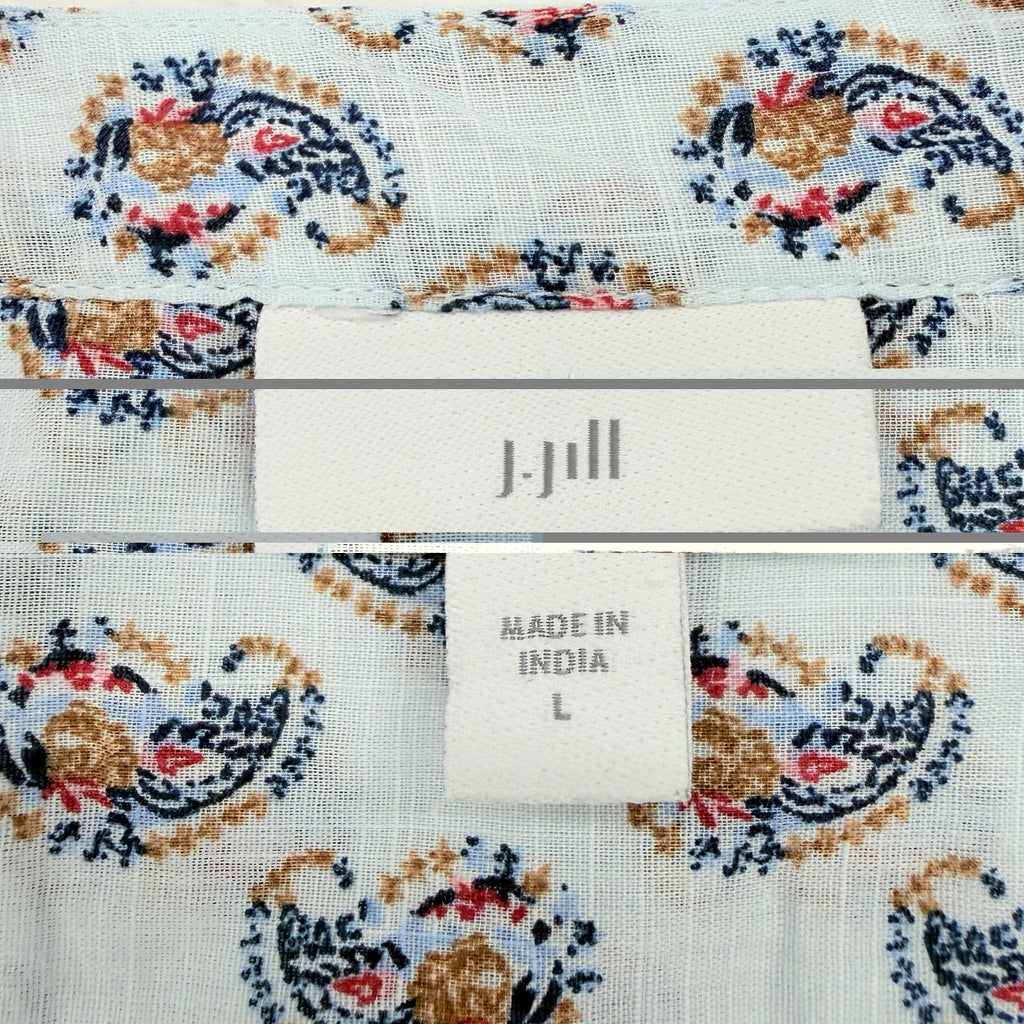J Jill Top Large Blue Floral Madeira Pintuck Blouse 100% Cotton 3/4 Sleeve Women