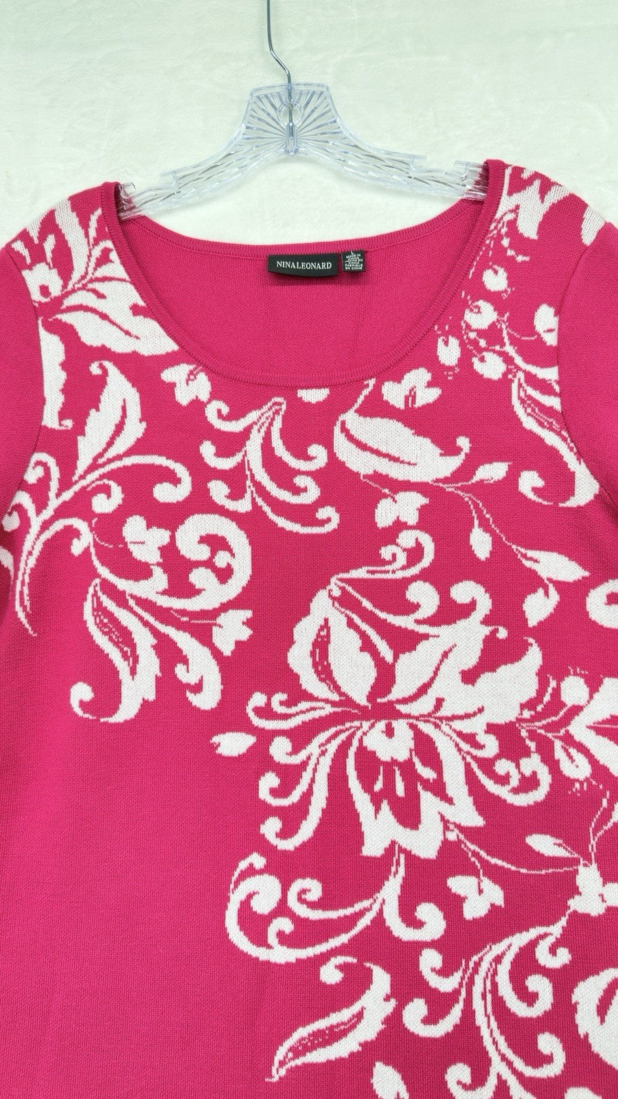 Nina Leonard Sweater Dress Large Pink Floral Elbow Sleeve Knee Length Womens