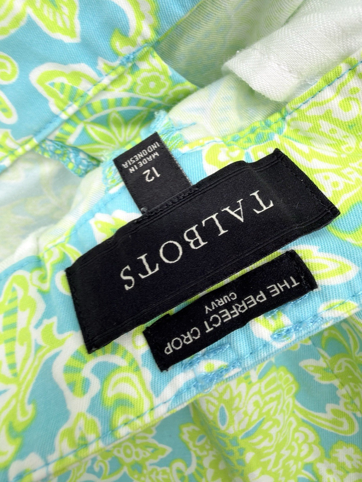 Talbots Perfect Crop Pants 12 Curvy Green Blue Print Womens Cotton Stretch