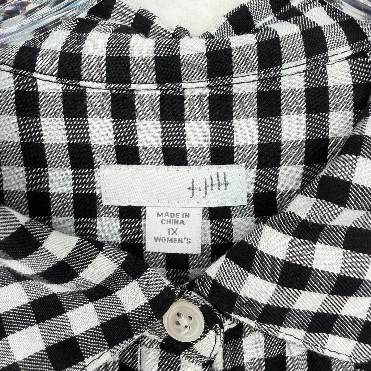 J Jill Top 1X Long Sleeve Button Up Black White Gingham Pocket