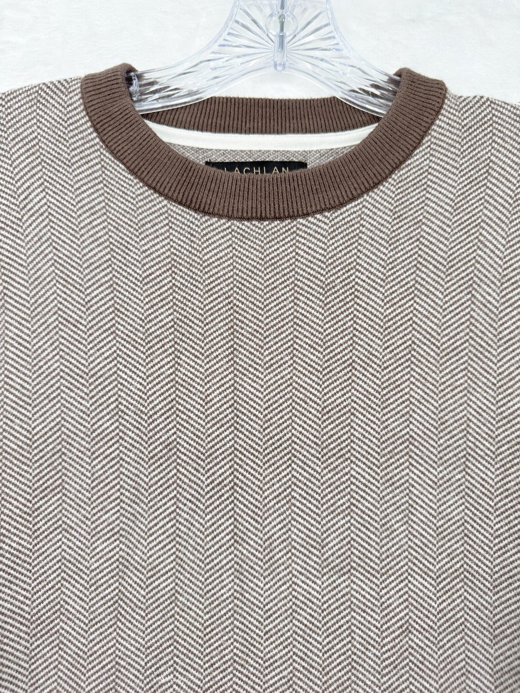 Lachlan Sweater Medium Mens Crew Neck Brown Herringbone Knit Pullover Preppy