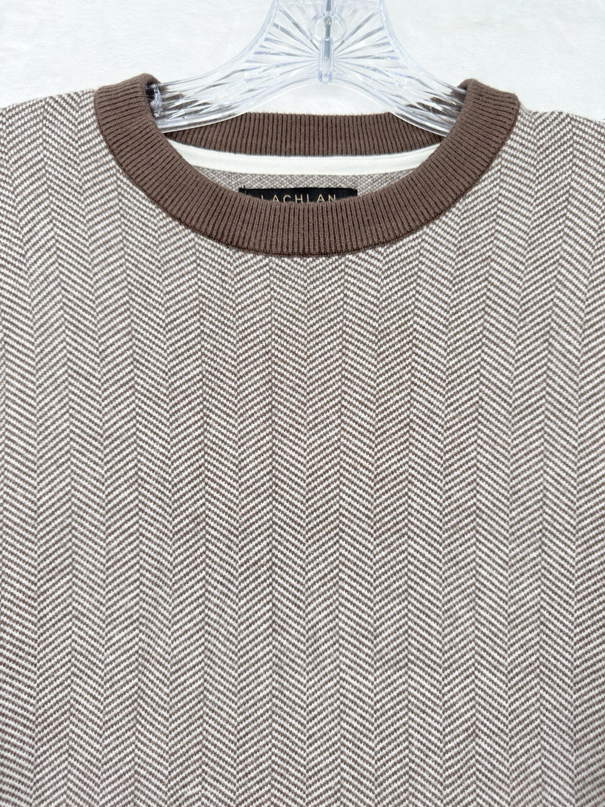 Lachlan Sweater Medium Mens Crew Neck Brown Herringbone Knit Pullover Preppy