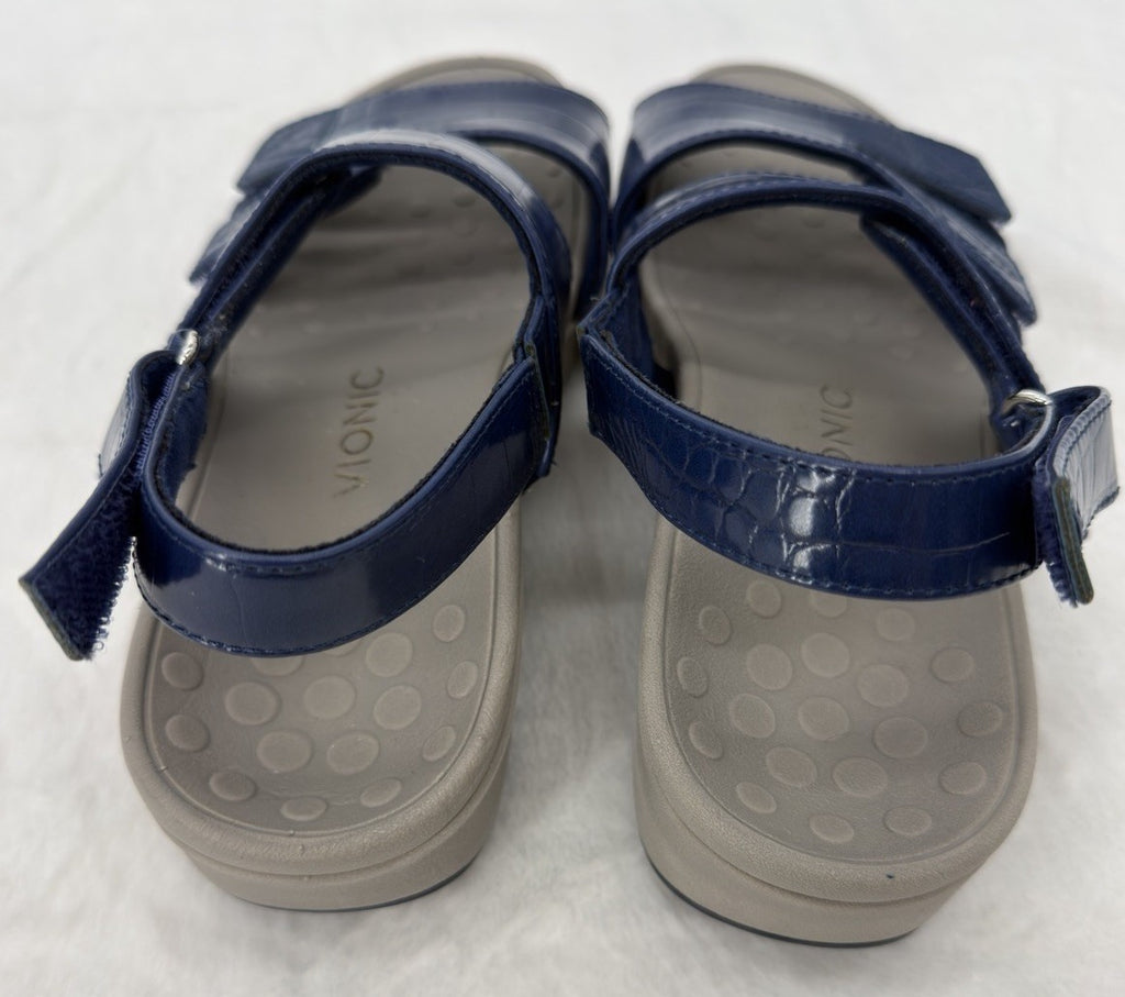 Vionic Womens 7 Roma Backstrap Platform Wedge Sandals Blue Patent Leather Shoes
