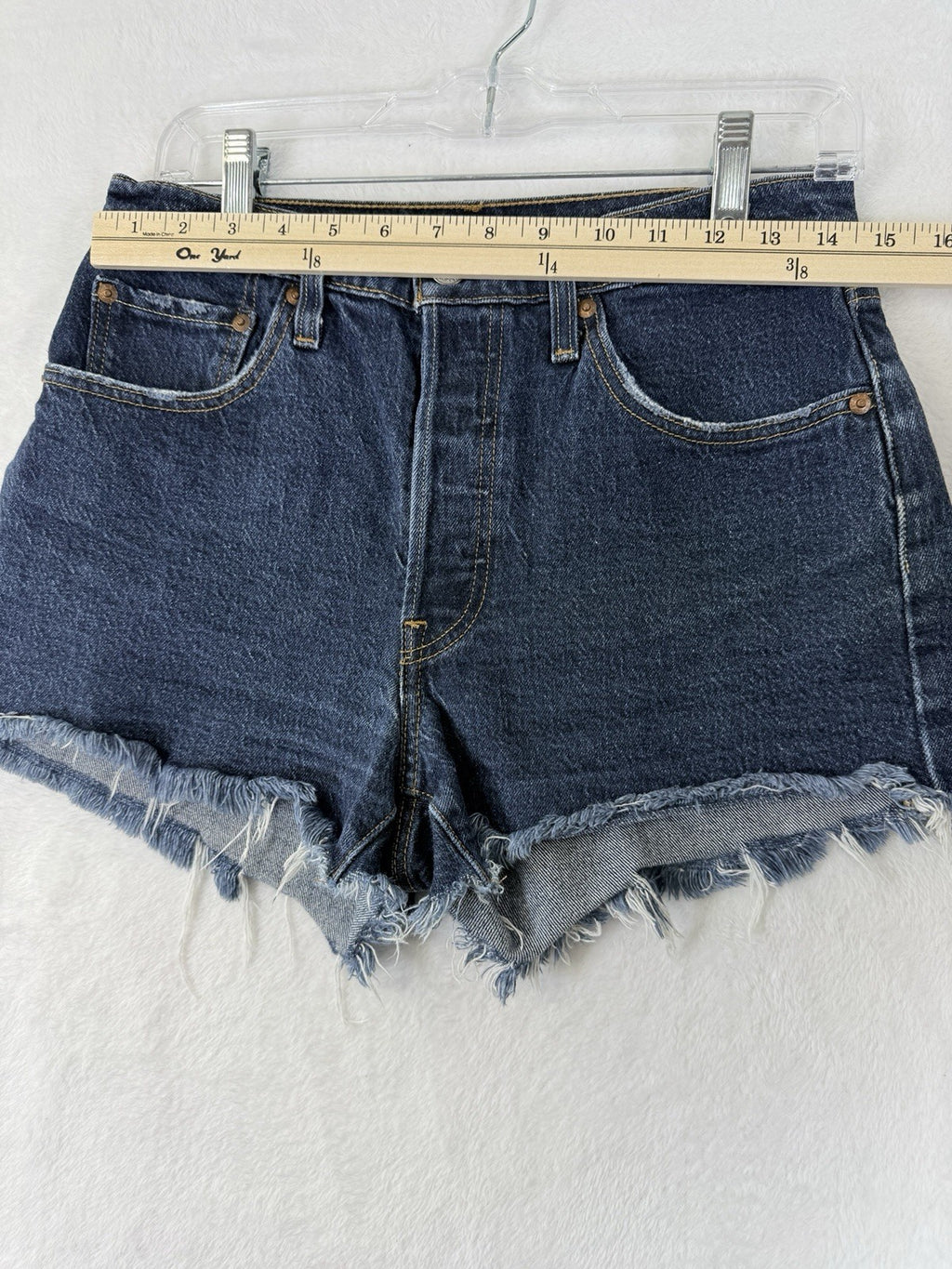 Levis 501 Jean Shorts Women 27 Button Fly Fringe 3” Blue Denim Premium Jeans