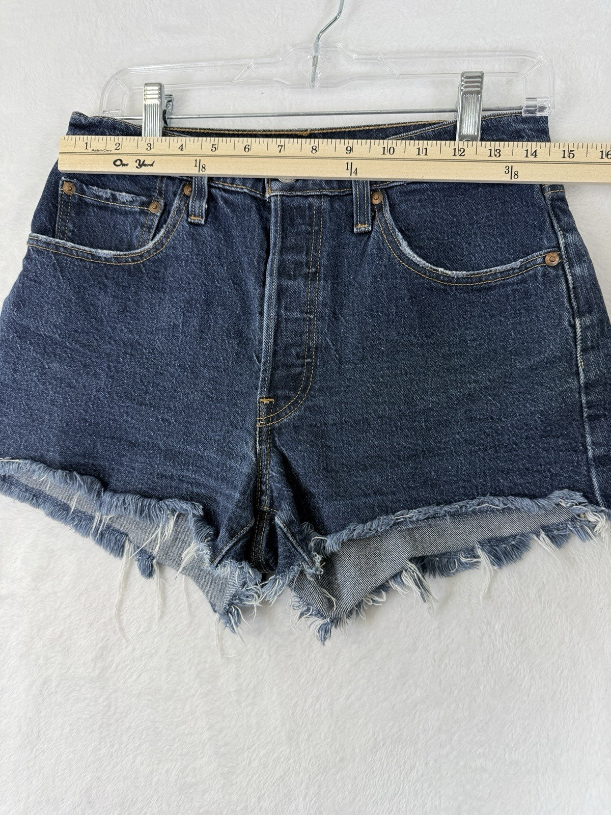 Levis 501 Jean Shorts Women 27 Button Fly Fringe 3” Blue Denim Premium Jeans