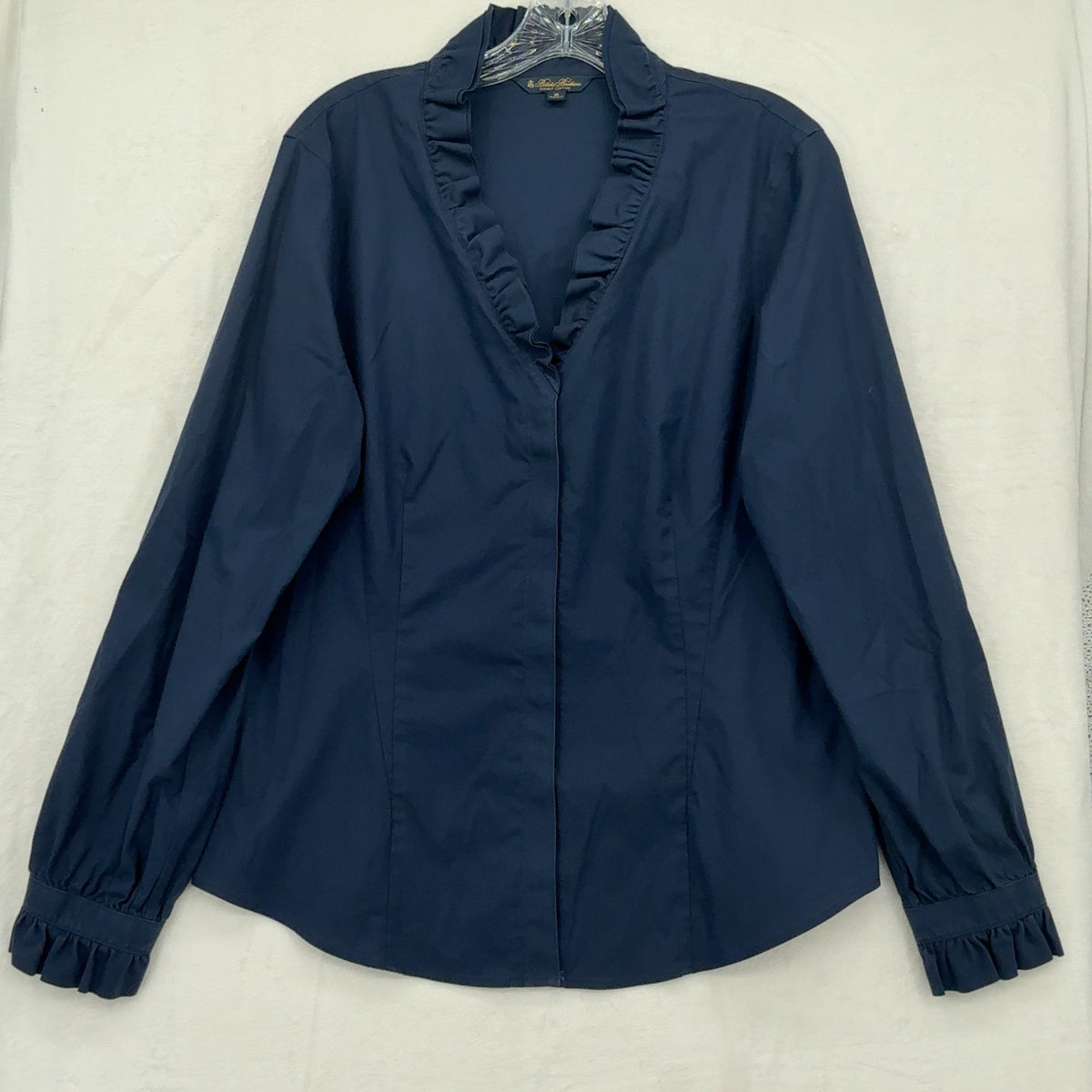 Brooks Brothers Supima Cotton Blouse 16 Womens Navy Blue Long Sleeve Ruffle Neck