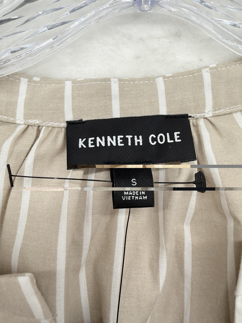 Kenneth Cole Womens Tops Small Beige Striped Puff Sleeve Blouse New NWT