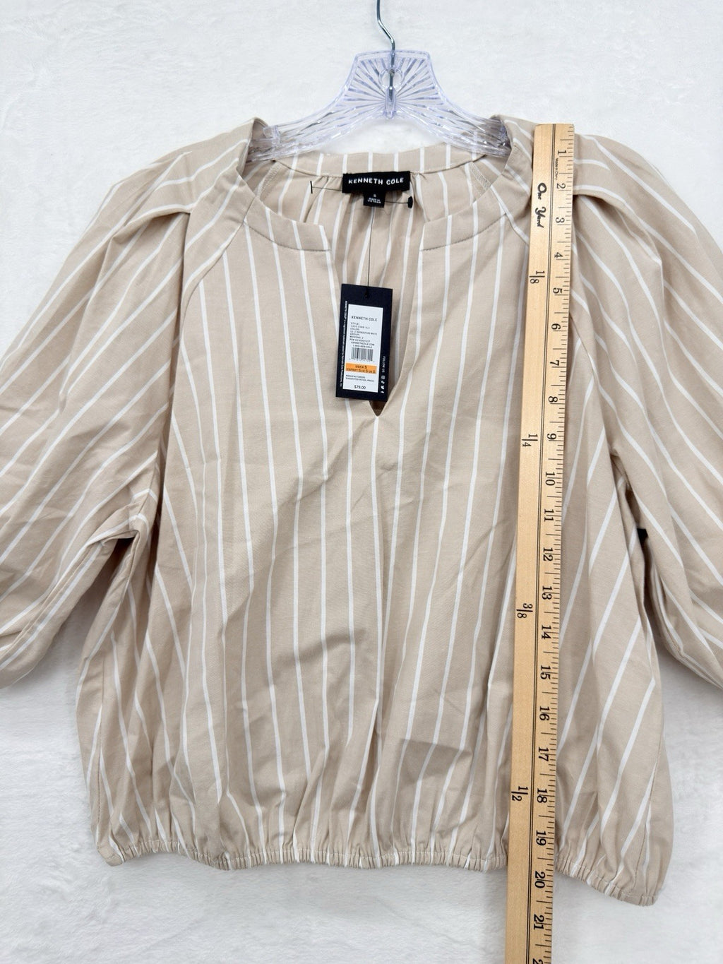 Kenneth Cole Womens Tops Small Beige Striped Puff Sleeve Blouse New NWT