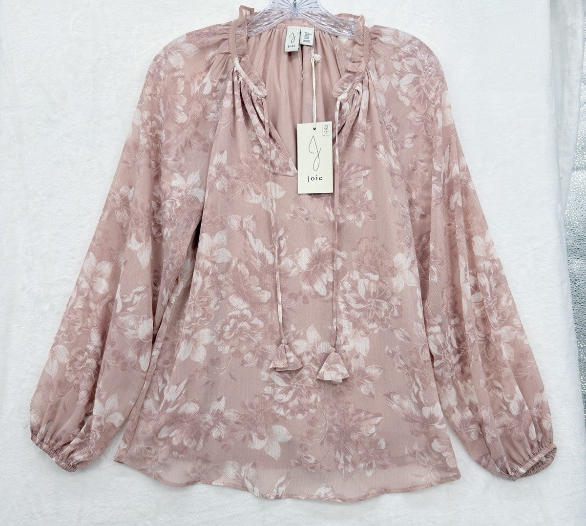 Joie Top XS Women Long Sleeve Pink Floral Blouse Tassel Cottagecore Pink New NWT